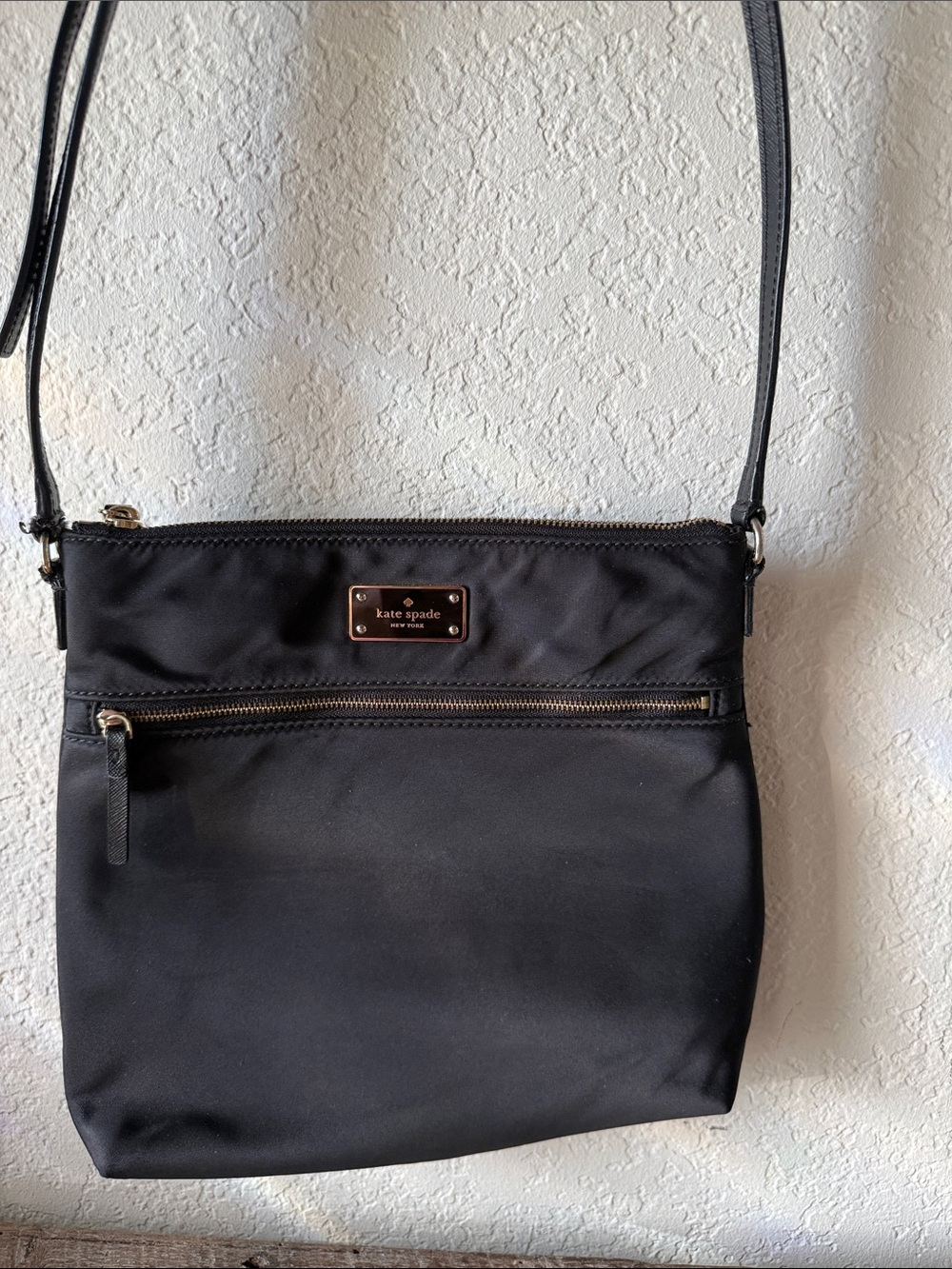 kate spade Black Nylon Crossbody with Gold Plaque